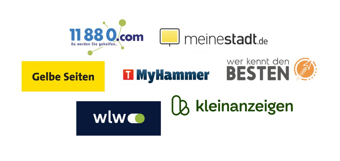 Bewertungs- und Branchenplattformen: 11880.com, meinestadt.de, Gelbe Seiten, MyHammer, wer kennt den BESTEN, wlw, Kleinanzeigen