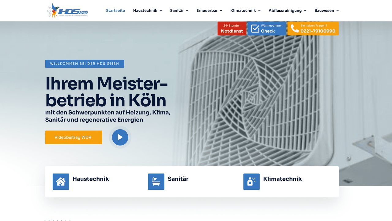 Startseite der HDS GmbH (Stoecker Gruppe) aus Köln – Meisterbetrieb für Heizung, Klima, Sanitär und regenerative Energien
