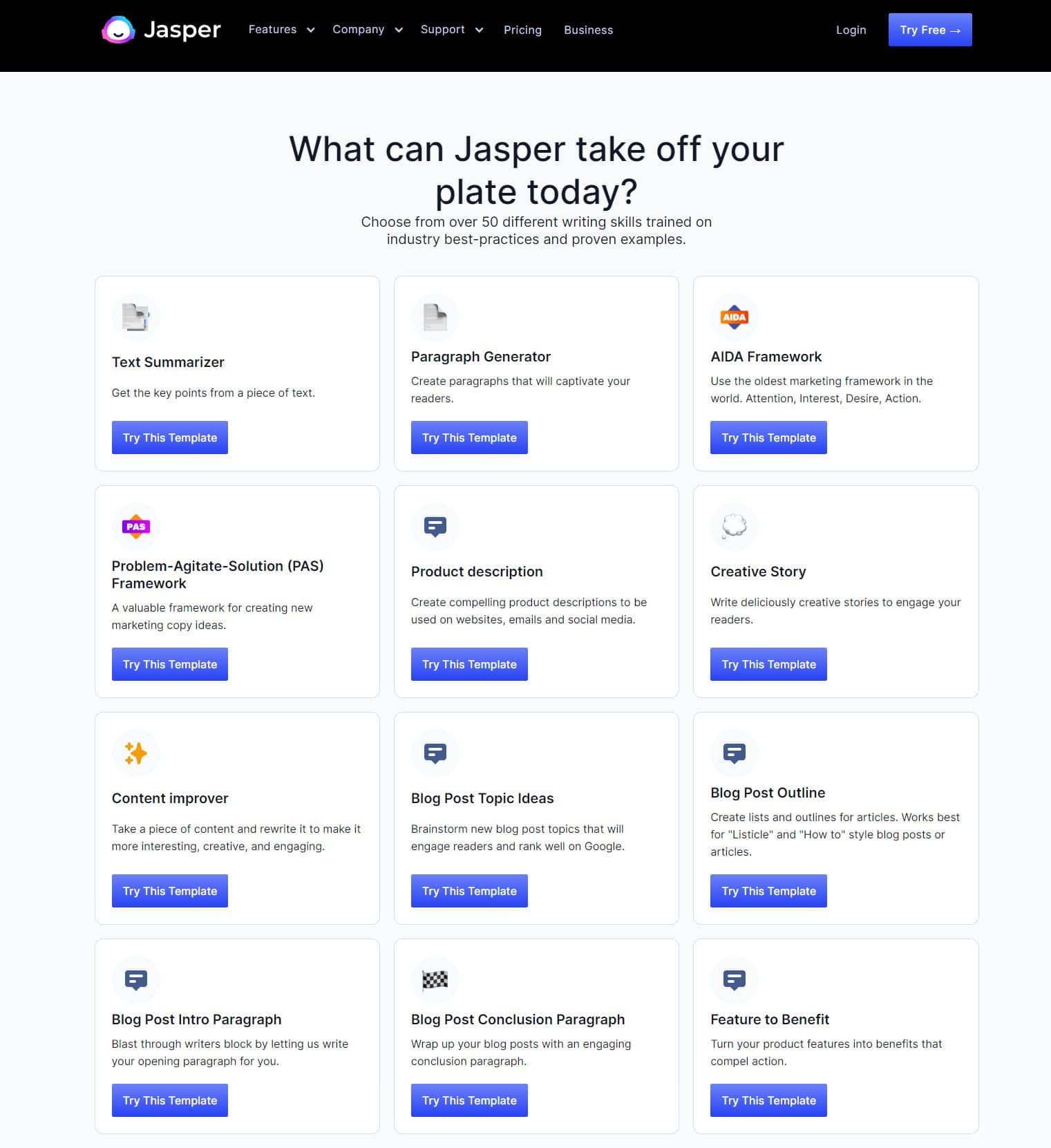 Jasper ist ein außergewöhnlicher KI-Inhaltsgenerator mit mehr als 52 Kurz- und Langform-Schreibvorlagen